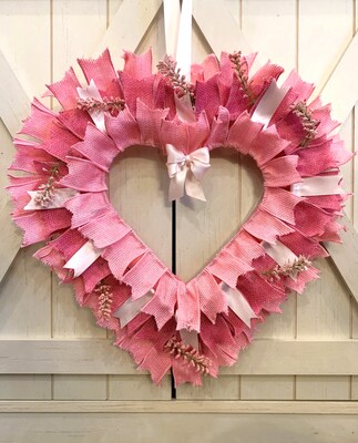 Valentines Day Pink Burlap Wreath, Shabby Chic Heart Wreath, Boho Heart  Wreath, Farmhouse French Cottage Wreath, Valentine Front Door Wreath